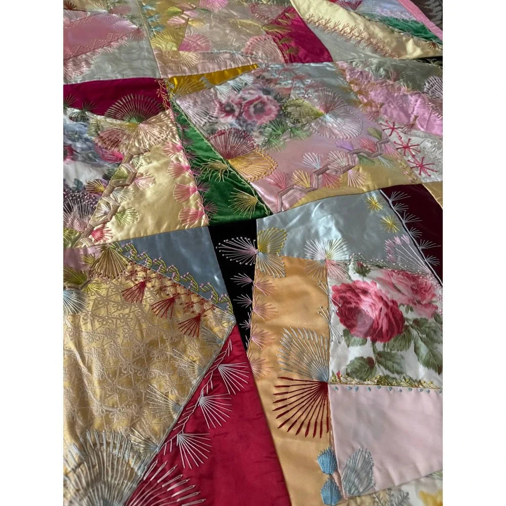 Handmade Quilt Multicolor Silk Satin Crazy Quilt Hand Embroidered Fans
